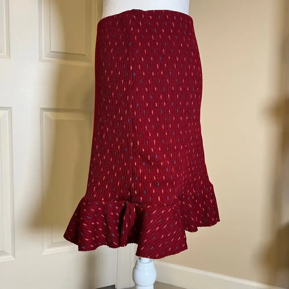 Free People Red Sweater Skirt Ruffle Bottom Pink and Blue Dash Print Size Medium
